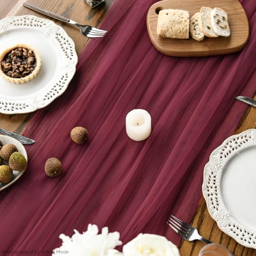 10PCS Burgundy Gauze Table Runner Set - 59 x 120 Inch, Wedding & Holiday Decor