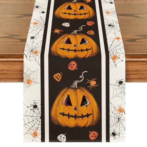 Halloween Jack-O'-Lantern Pumpkins Spider Web Table Runner 13x120 Inch Black Beige