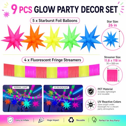 Glow in The Dark Neon Party Decorations Set – Star Balloons & Streamers for Birthday & Event Backdrops