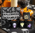 Halloween Candle Set - 4 Scented LED Carved Spooky Decor Candles with Glass Containers - Halloween Candle Set