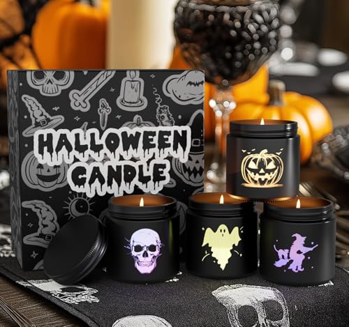 Halloween Candle Set - 4 Scented LED Carved Spooky Decor Candles with Glass Containers - Halloween Candle Set