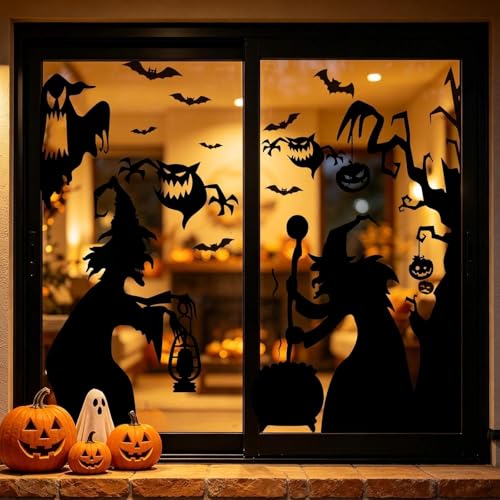 Halloween Window Clings Decor Set - Large Witch, Pumpkin, Ghost & Bat Stickers