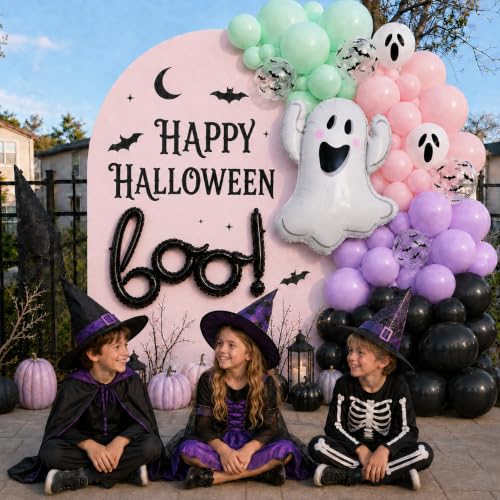 Halloween Balloon Garland Arch Kit with 3D Bat Stickers and Ghost Balloons - Black Green Purple Pink Variation