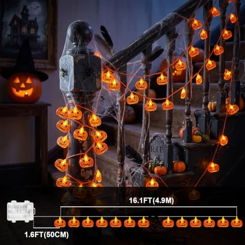 Halloween String Lights 16FT 50 LED Pumpkin Fairy Lights Battery Operated with 8 Modes
