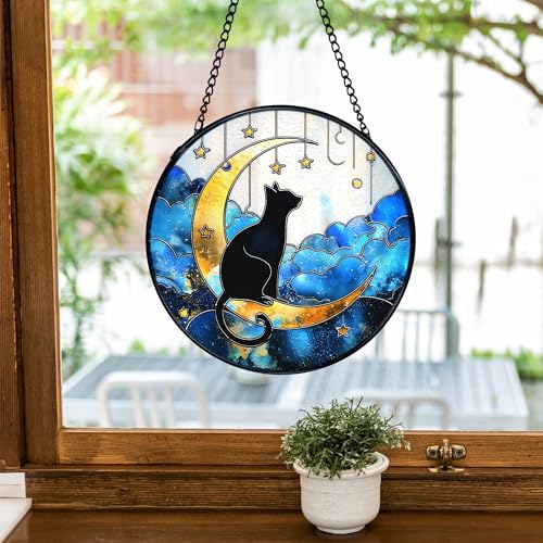 Black Cat on Moon Stained Glass Window Hanging - Celestial Sun Catcher, 7.9 Inches
