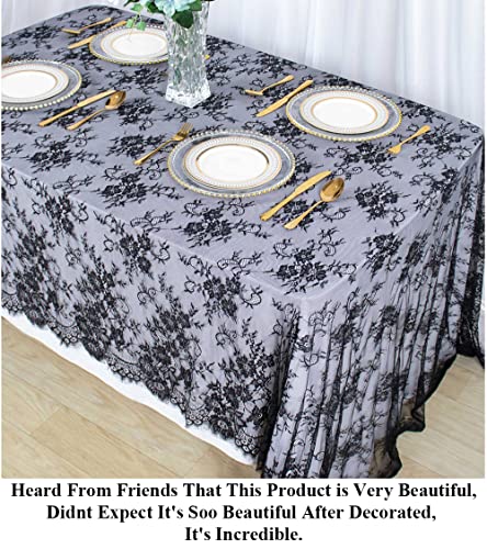Pardecor Black Embroidered Lace Rectangular Tablecloth 60x120 Inch - Elegant Wedding and Party Decor Variation 001