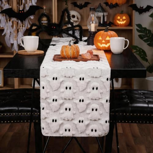 White Faux Fur Ghost Halloween Table Runner 13x72 Inch - Spooky Decor