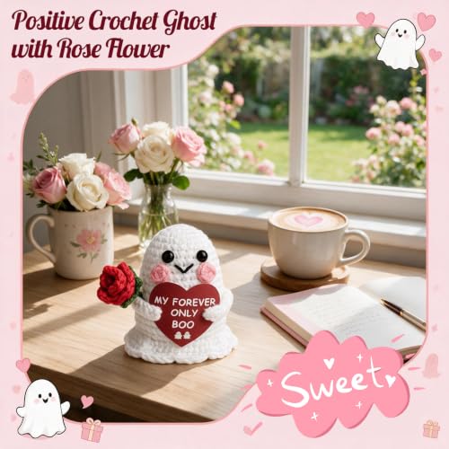 Crochet Ghost Halloween Decor with Rose - Handmade Indoor Holiday Accent