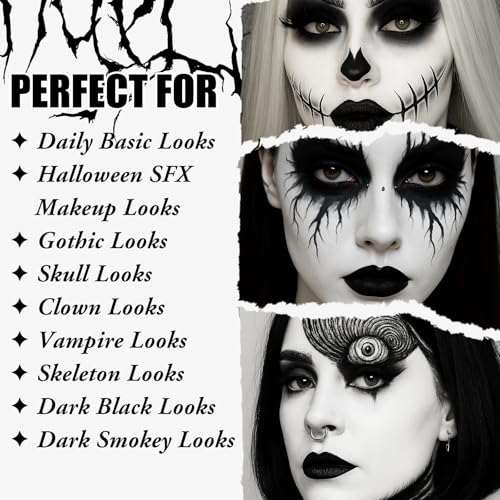 Halloween Black Makeup Kit - White Foundation, Black Lipstick & Eyeliner, False Lashes, Sponges & Brush