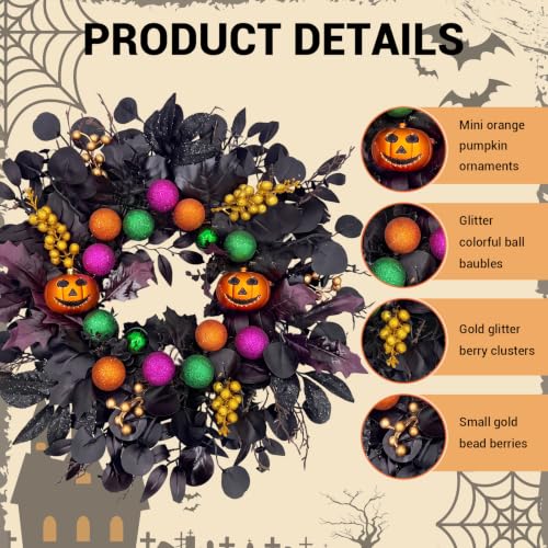 24-Inch Halloween Front Door Wreath with Pumpkins & Eucalyptus Decor