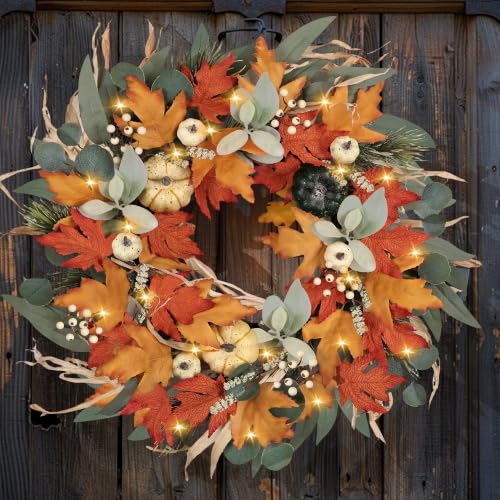 24-Inch Autumn Wreath with Lights and Timer - Fall Front Door Decor