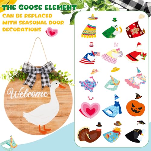 Wooden Interchangeable Goose Welcome Sign with Seasonal Clothes - 16 Pcs, Wood Color