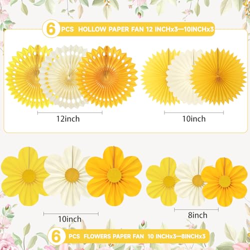 Yellow Party Decorations Paper Fans Set - Sunflower Theme Wall Decor, 12 Pieces