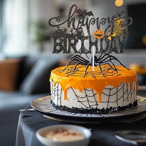 Halloween Happy Birthday Cake Topper Black Glitter Spooky Bat Party Decor