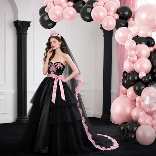 Pink Black Balloon Arch Kit - Double Stuffed Pearl Pink & Black Balloons - Variation of Pink Black