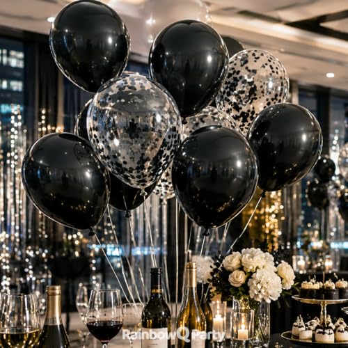 Black Latex Balloons with Confetti - 55pcs 12 Inch Party Decor