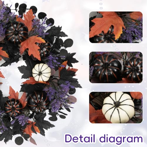 Halloween Wreath for Front Door - Black & White Pumpkins, 22 Inch - Variation: Black