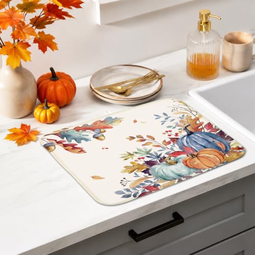 Fall Pumpkin Leaves Dish Drying Mat 16x18 Inch Kitchen Counter Decor