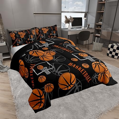 Basketball Pattern Comforter Set Queen Size - Black Orange Kids Bedroom Bedding with Pillowcases