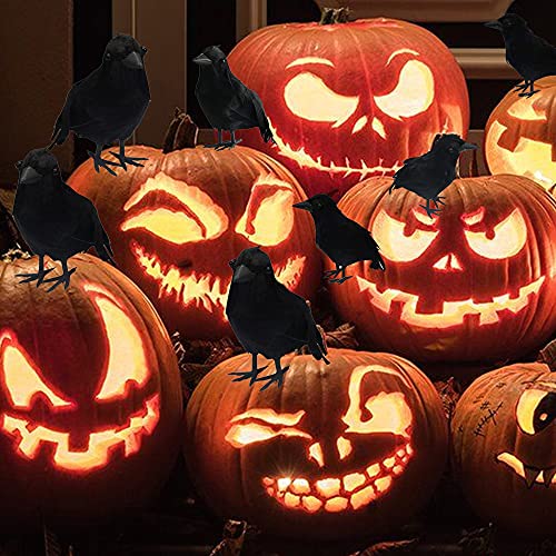 Halloween Black Feathered Crows Decor 12 Pack - Indoor Outdoor Yard Garden Party