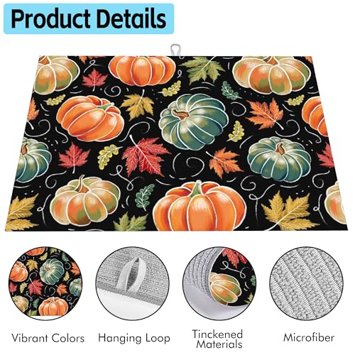 Large Fall Pumpkins Dish Drying Mat 18x24 Inches Watercolor Leaves