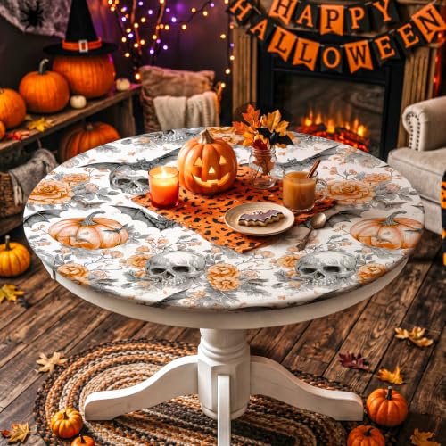 Halloween Fitted Round Tablecloth for 46-50 Inch Tables - Pumpkin Head Design, 52 Inch