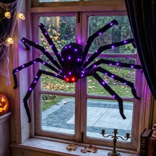 Giant Outdoor Halloween Spider Decoration 4.3ft Lighted Black Spider with 6 Modes & 100 LED Lights