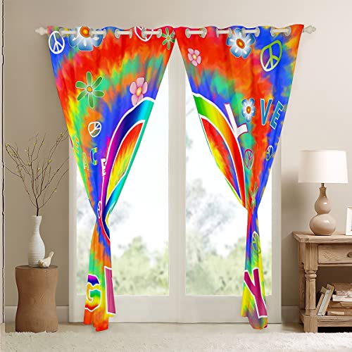Multi 28x52 Inch Velvet Blackout Curtains Set of 2 - Rainbow Peace Sign Tie Dye Design