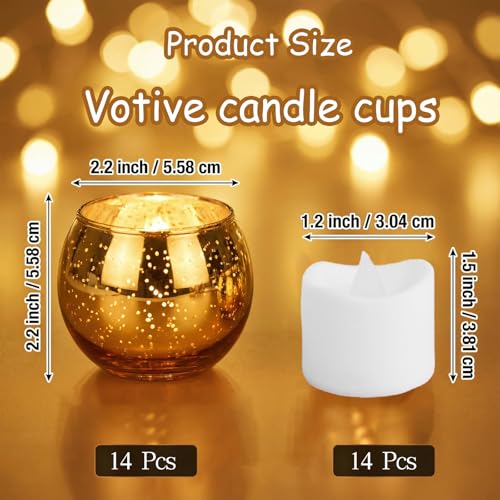 Set of 14 Gold Speckled Mercury Glass Votive Candle Holders with LED Tea Lights for Weddings & Events