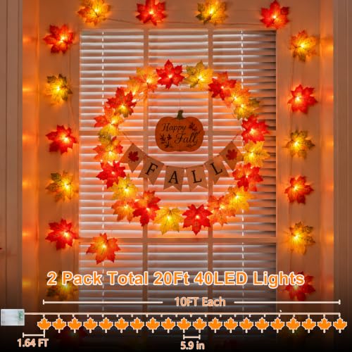Lighted Fall Garland with 4-Color Maple Leaves - 20ft Battery-Operated Halloween Thanksgiving Decor - 2 Pack