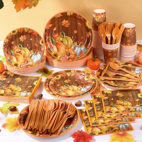 Pickmesh Autumn Pumpkin Disposable Party Plates Napkins Cups Set - 400 pcs