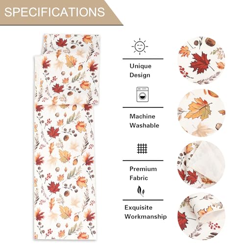 Fall Table Runner for Kitchen & Dining - Harvest Pumpkins & Leaves, Water-Resistant, 13 x 36 inches