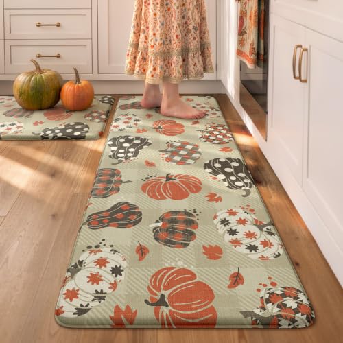 Pumpkin Checkered Fall Kitchen Mats Set of 2 Anti-Fatigue Cushioned Rugs