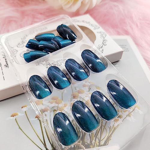 Cat Eye Press-On Nails Short Oval Fake Nails - Dark Blue Variation