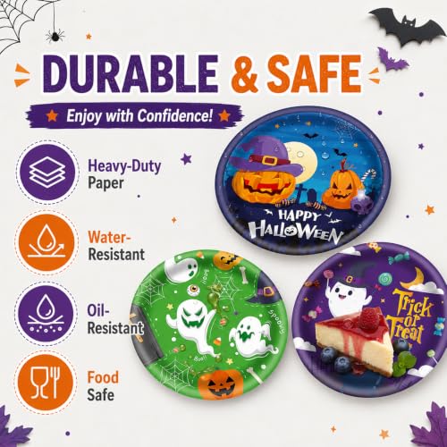 48Pcs Halloween Paper Plates 7 Inch with Ghost Pumpkin Skeleton Designs - Fall Party Tableware - Halloween Variation