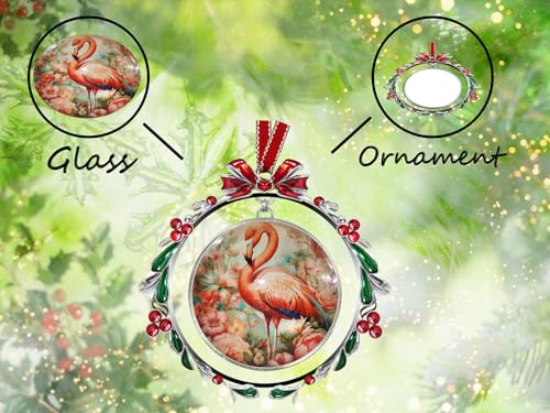 Flamingo in Floral Christmas Tree Ornament - Holiday Glass Decoration with Crystal Accents