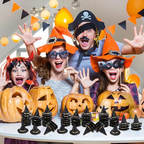 Mini Witch Hats for Halloween Crafts - Black PVC, Bulk Pack of 50