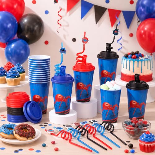 24 Sets Spider Party Cups with Lids & Straws - Reusable 16oz Plastic Party Favors - Halloween & Birthday Decor