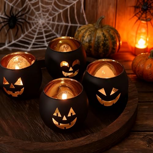 Halloween Candle Holder Set - Glass Votive Tealight Holders with Jack O Lantern Faces, 4 Pieces