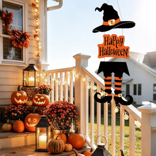 Large Orange Halloween Wooden Witch Door Wreath - Front Door Decor