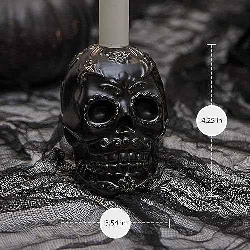 Gothic Skull Candle Holder - Black Day of the Dead Halloween Decor - 3.75x4.25 Inches