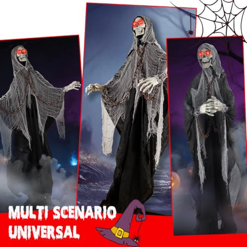 Gray Halloween Skeleton with LED Red Glowing Eyes, Sound & Touch Activated Motion, Body Swaying, Adjustable Arms, 71-Inch