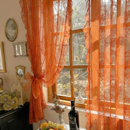 Orange Lace Curtains 55x63 Inches - 2 Panels, Halloween Sheer Floral Window Drapes - Variation of THIS listing