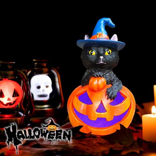 Black Cat Halloween Garden Statue with Solar Pumpkin Lights - Outdoor Decor