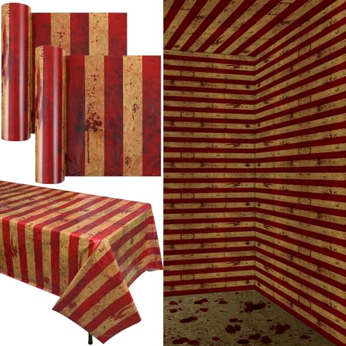 200 Ft Creepy Carnival Halloween Tablecloth Roll - Red & White Stripes, Circus Design