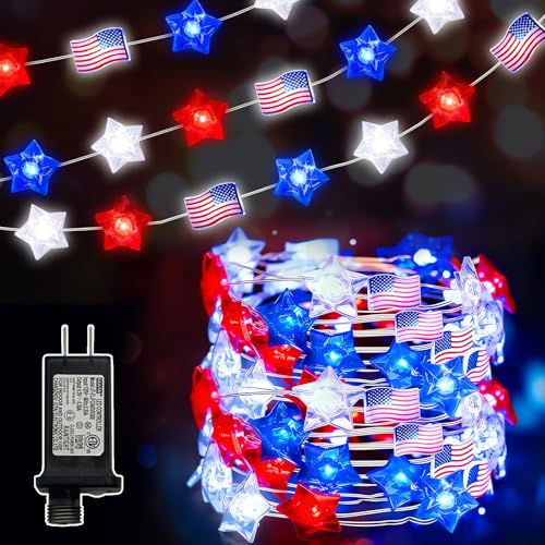 Patriotic String Lights 33FT 100 LEDs with 16 Modes & Timer - Red White Blue Star & Flag Variation of THIS listing