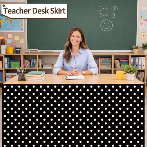 Polka Dot Table Skirt for Teacher Desk and Party Decor, Black White, 82 Inch