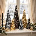 Black Gold Christmas Sequin Cone Tree Decorations Set - Tiered Holiday Tabletop Trees