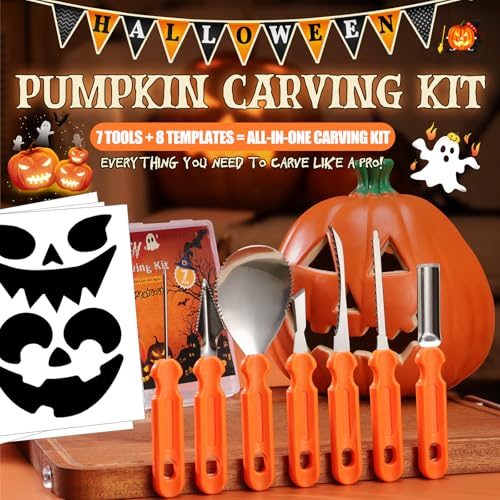 Pumpkin Carving Kit with Stencils - 7 Professional Stainless Steel Tools & Storage Case