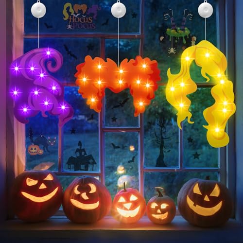 Hocus Pocus Halloween Window Lights - 3 Pack Indoor Decorations with Timer - Spooky & Magical Ambiance - Variation: Hocus Pocus